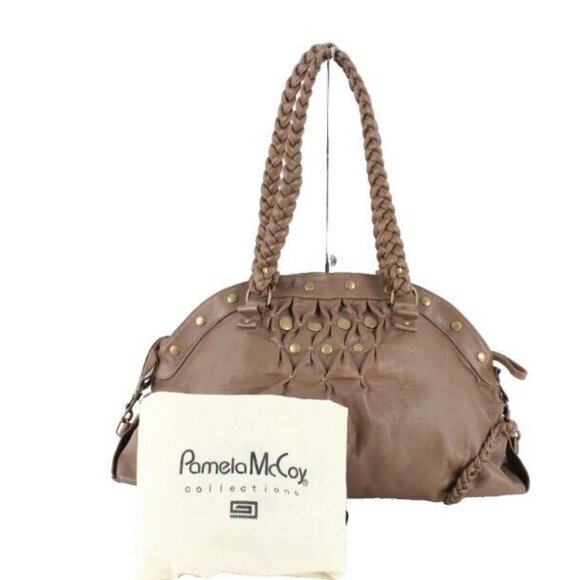 Pamela McCoy 19 x 10 Brown Brass Stud Faux Vegan Leather Shoulder Purse - Picture 1 of 7